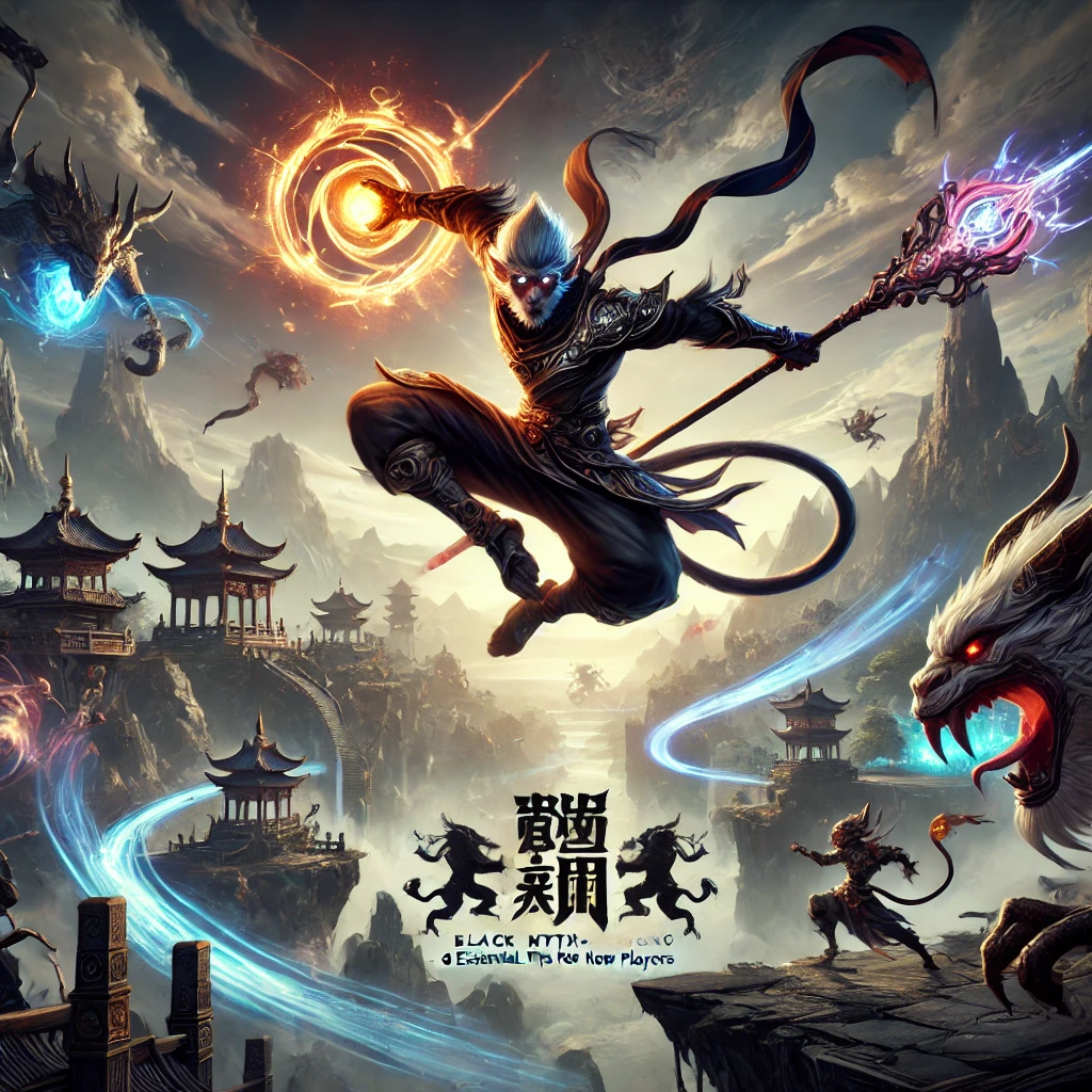 DALL·E 2024 09 18 13.50.18 Design an image centered around the game Black Myth Wukong. Showcase the main character a warrior monkey leaping into battle with his glowing sta